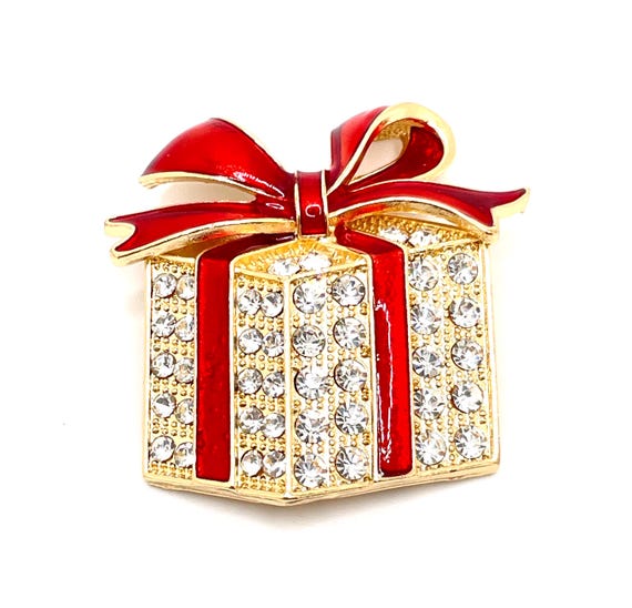 Christmas Gift Package Brooch • Clear Rhinestones & Red Enamel Bow • Gold Tone Holiday Present Pin