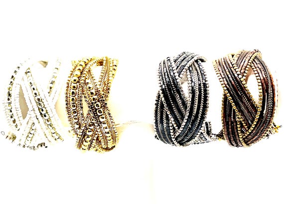Vintage Hand Beaded Memory Wire Wrap Bracelets – Criss Cross Design Choice of 4 Colors