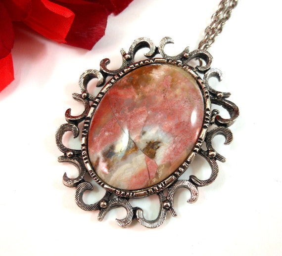 Rhodochrosite Pendant Necklace Brooch Pin Silver Plated 24"L