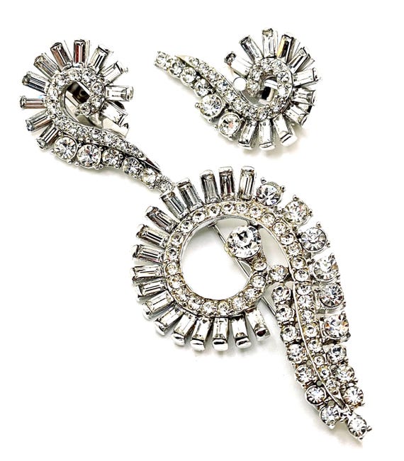 Gorgeous PELL Signed Crystal Rhinestone Swirl Brooch Earring Set Special Ocassion Jewelry
