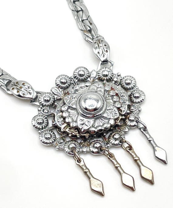 Vintage Victorian Revival Silver Tone Floral Medallion Festoon Necklace Articulated Dangles