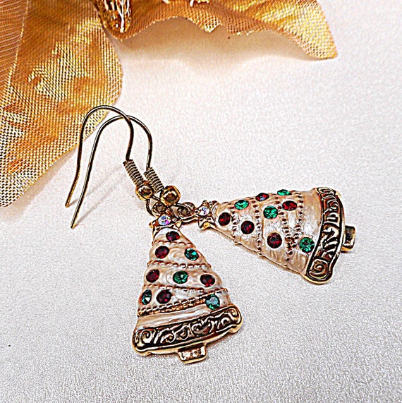 Festive Christmas Tree Dangle Earrings - Pearlescent Beige Enamel, Crystal Rhinestones, AB Crystal Stars, Puffed Texture, Gold Tone