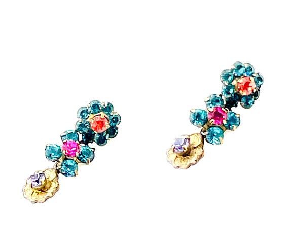 SORRELLI Multi Color Rhinestone Flower Dangle Drop Earrings Mid Century