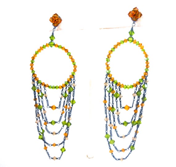 Handmade Crystal Bead Hoop Chandelier Dangle Earrings Green Gold Stones