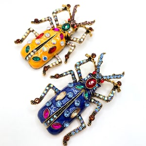 Statement Beetle Brooch: Rhinestone Enamel Bug Pin - 3&quot; Gold Tone