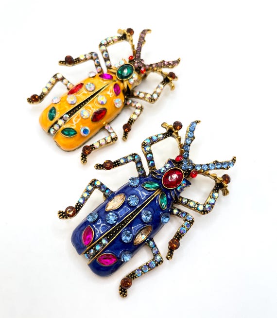 Statement Beetle Brooch – Blue or Yellow Enamel – Multicolor Rhinestones & AB Accents – Large 3" Bug Pin – Gold Tone – DIY Craft Ready