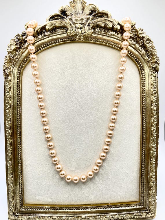 Vintage Napier Champagne Glass Faux Pearl Necklace Knotted Beads 18K Gold Plated Clasp