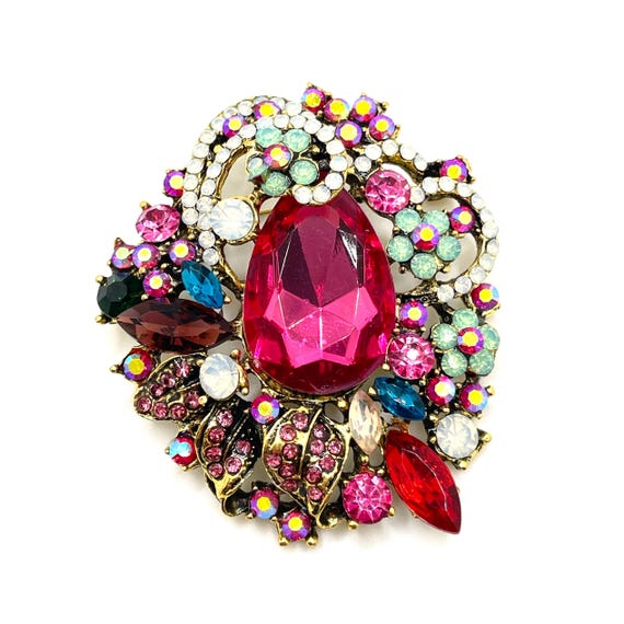 Vintage-Inspired Multicolor Rhinestone Brooch | Pink Teardrop Cluster Antique Gold Tone Pin | Statement Wedding Brooch | DIY Jewelry Supply