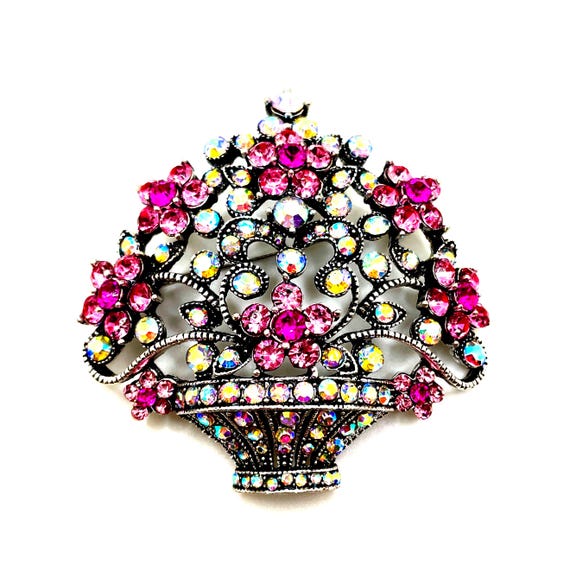 Vintage Style Pink Rhinestone Flower Basket Brooch Pendant – AB Crystal Accents, Silver Tone, 2.5"