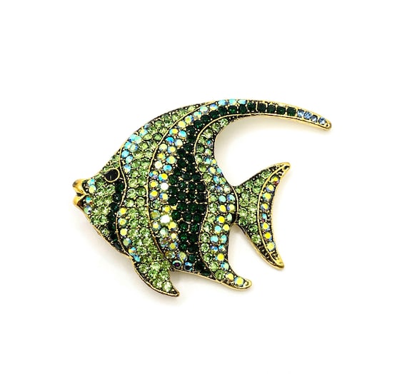 Green Rhinestone Angelfish Brooch Pendant: Antique Gold Tone