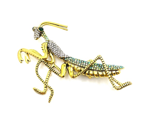 Grasshopper Insect Brooch – Statement Piece - Oversized Rhinestone Bug Pin – Gold Tone with Green AB Crystals