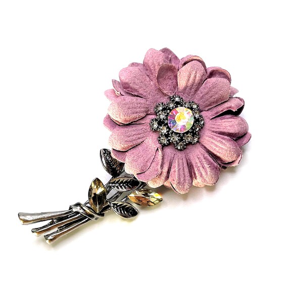 Flower Pin Brooch Pink Fabric Petals Multi Color Rhinestone