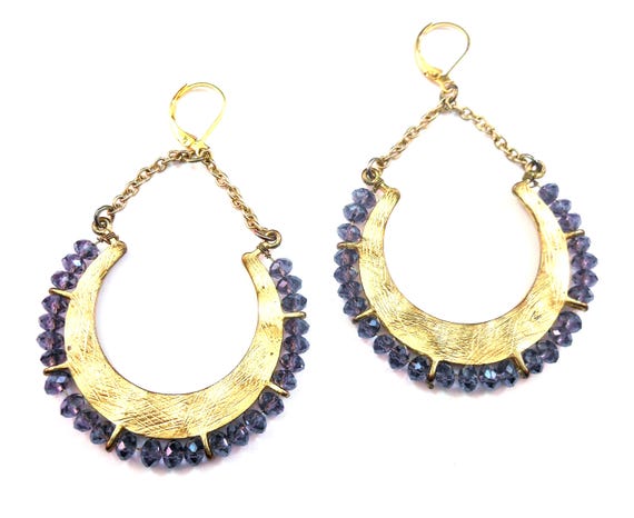 Amethyst Beaded Hoop Earrings 14K Gold Plated Lever Back