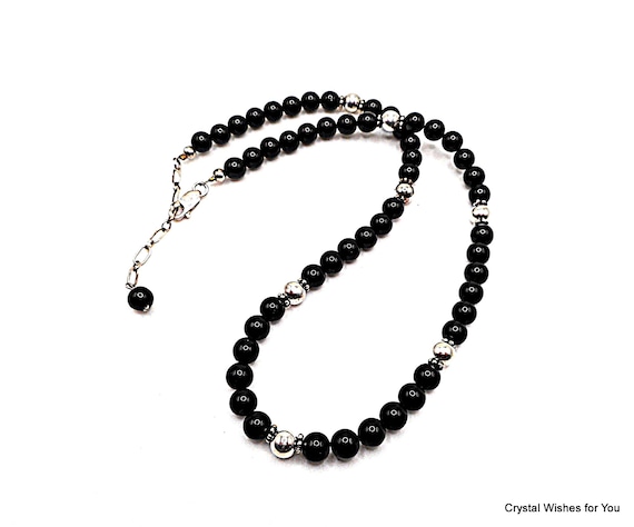 Elegant Black Onyx Sterling Silver Bead Necklace 17.5" Adj