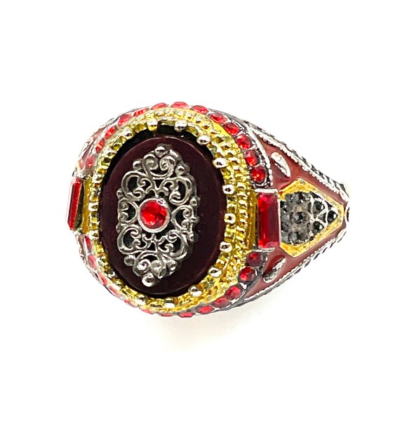 Medieval Style Red Rhinestone Enamel Pinky Signet Ring, Ornate Unisex Statement Ring