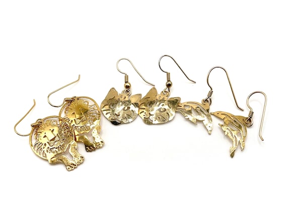 Wild Bryde Animal Earrings 14K Gold Plated Dangle Earrings Lion Cat Dolphins WB Signed