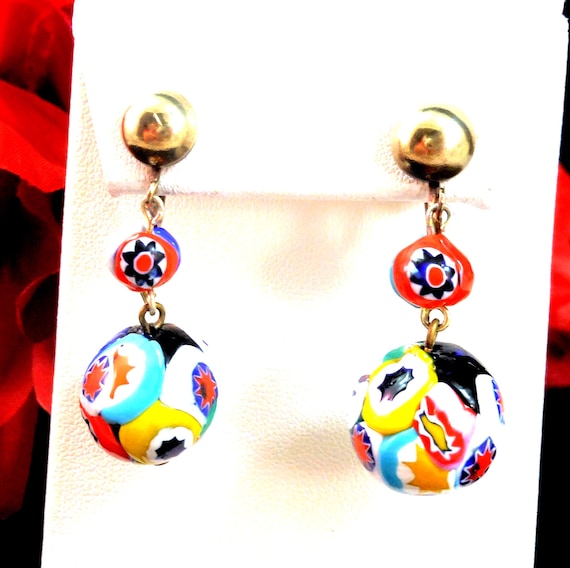 Millefiori Mosaic Glass Bead Drop Earrings Multi-Color Mid Century