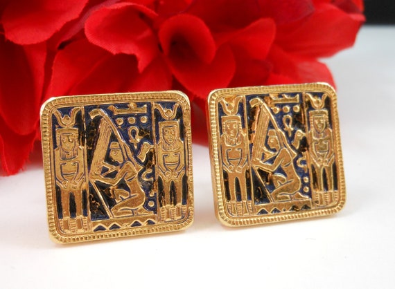 ACCESSOCRAFT NY Egyptian Revival Gold Tone Clip Earrings Enamel Inlay 1"Square