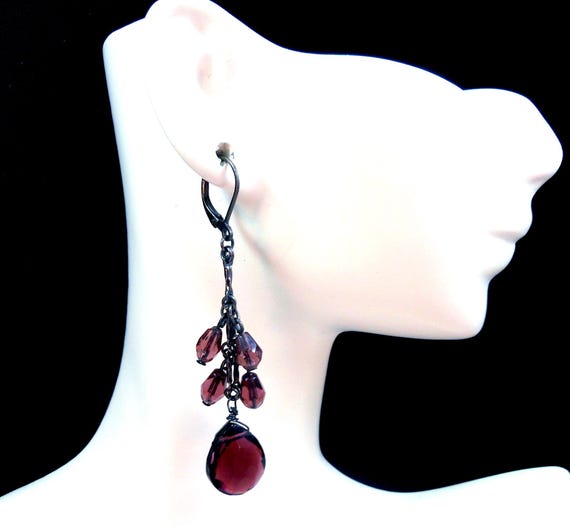 Elegant Amethyst Glass Teardrop Dangle Earrings Gunmetal Finish Leverback