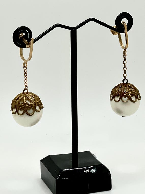 Vintage 1950's Faux Pearl Filigree Dangle Drop Earrings