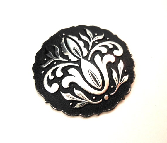 Vintage 1940s Floral Brooch – Black Enamel on Eloxal Aluminum, Signed West Germany