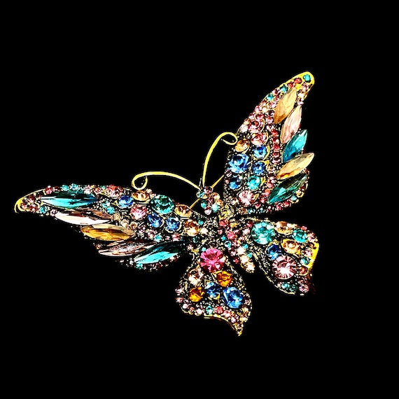 Enchanting BeJeweled Butterfly Brooch/Pendant - Antique Gold Tone, Hand-Set Rhinestones