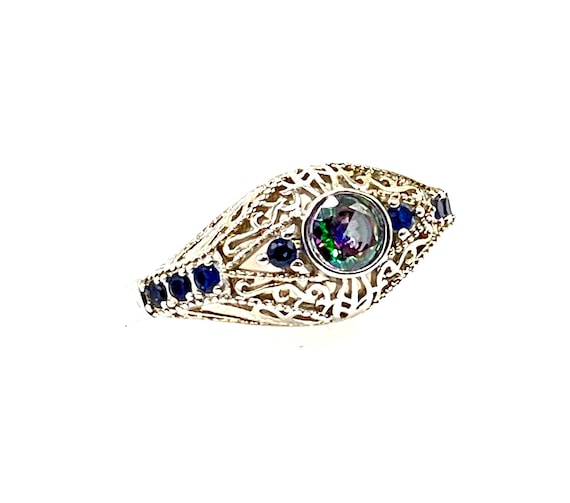 Victorian Style Mystic Topz CZ Silver Ring | Domed  Filigree Setting | Bezel Set