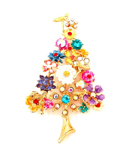 Huge Enamel Christmas Tree Fairy Brooch & Pendant – Multi-Color Rhinestones, AB Crystals, Gold Tone Fairies