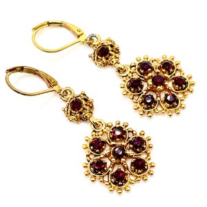 Vintage Victorian Revival Bohemian Garnet Red Rhinestone Dangle Earrings – 14K Gold Plated Lever Backs