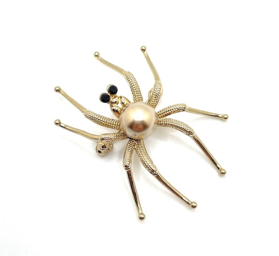 Gold Spider Brooch: Champagne Faux Pearl, Rhinestone Eyes