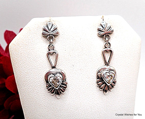 Artisan Crafted Clear Quartz Crystal Heart Dangle Drop Earrings | Sterling Silver | Elegant Scalloped Design