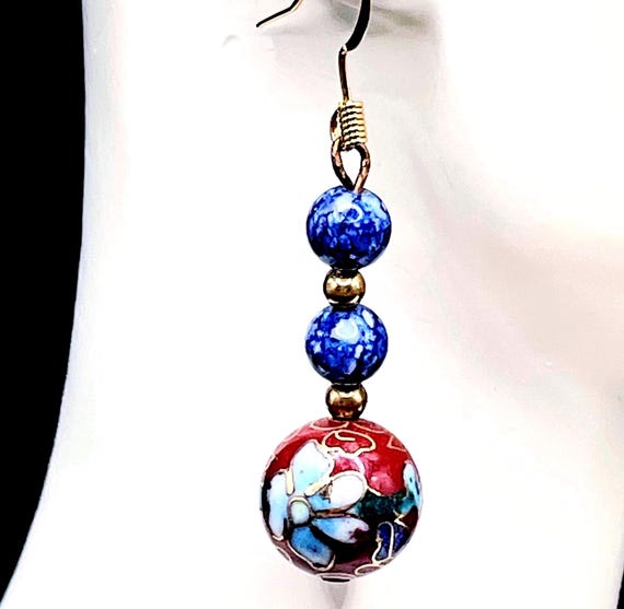 Chinese Cloisonné Enamel Bead Dangle Earrings Blue/ Sienna Color Floral Pattern