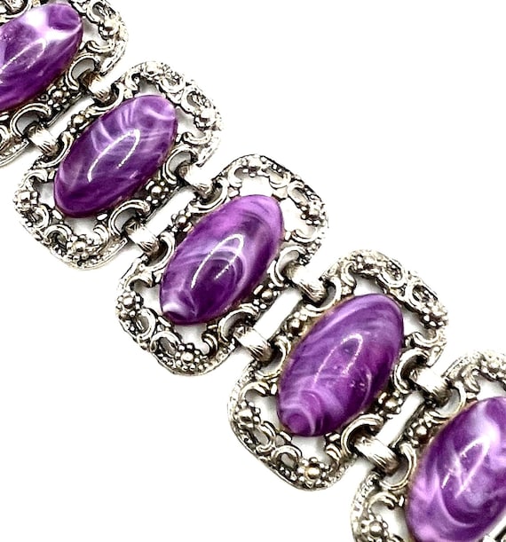 Vintage 1960’s Ornate Filigree Link Bracelet – Marbled Purple Cabochons – Wide Statement Piece