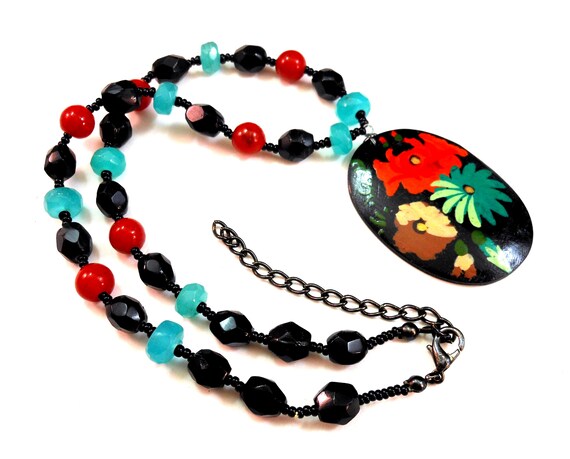 Painted Floral Pendant Necklace Glass Bead Chain Multi Color Handmade 18"L Adj