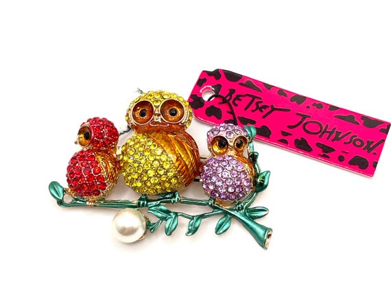 Betsey Johnson Owl Brooch Pendant – Colorful Mama & Baby Owl Rhinestone Pin – Whimsical Betsey Johnson Jewelry