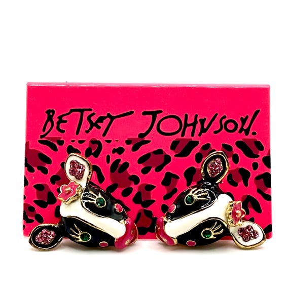 Betsey Johnson Enamel Rhinestone Milk Cow Head Earrings Whimsical Art!