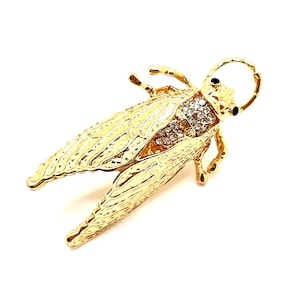 Gold Cicada Lapel Pin: Rhinestone Insect Brooch - 2&quot;