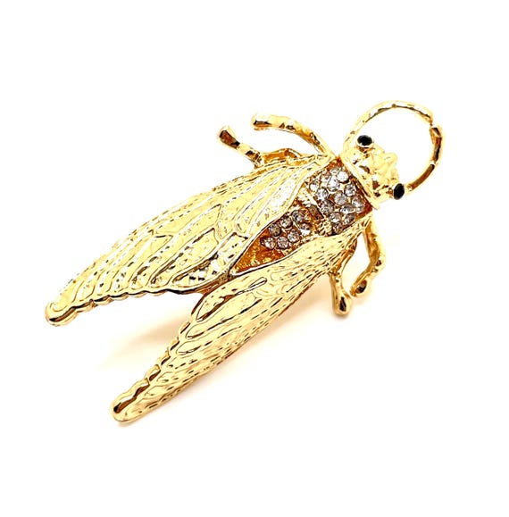 Gold Tone Cicada Flying Insect Lapel Pin – Clear Pave Rhinestones – Black Rhinestone Eyes – 2" Bug Pin – Clutch Back – DIY Craft Supply