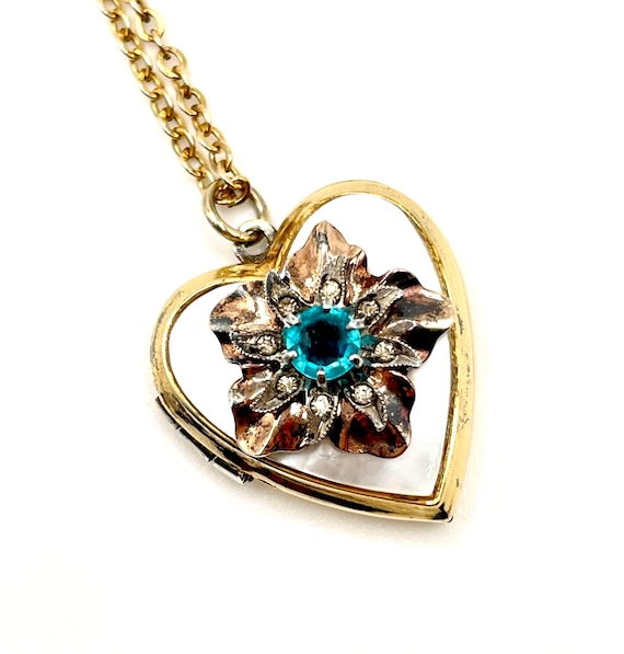 Vintage 12K Gold Filled Sweetheart Locket Mother of Pearl Blue Rhinestone Necklace 1940s