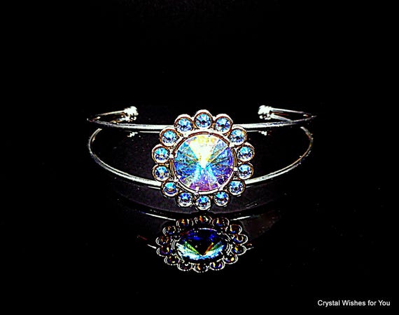 Handmade Swarovski Crystal Floral Cuff Bracelet – Paradise Shine - Silver Tone