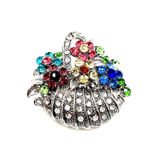 Vibrant Rhinestone Flower Basket Brooch – Multicolor Sparkle, Silver Tone Metal