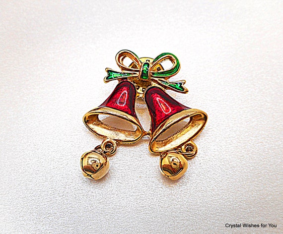 Christmas Bells Lapel Pin - Red Enamel Gold Tone Double Bell Motif with Jingle Bell Accents