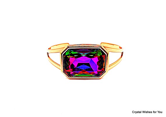 Gorgeous Swarovski Vitrail Crystal Cuff Bracelet – Emerald Cut Octagon Stone – Adjustable Metal Cuff - One Size Adj