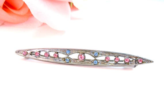 Victorian Style Bar Pin - 1928 Jewelry Co - Blue Pink Rhinestones - Silver Tone - 2.75" - Retired