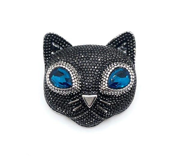 Adorable Cat Face Pin with Blue Glass Eyes – Silver Tone Metal