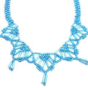 Lacey Bugle Seed Bead Choker Necklace - Blue Glass Beads, Intricate Pattern - Handmade