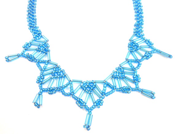 Lacey Bugle Seed Bead Choker Necklace - Blue Glass Beads, Intricate Pattern - Handmade