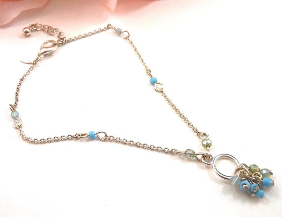 Blue Glass Bead Bauble Ankle Bracelet Silver Plated Signed Avon