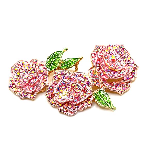 Sparkly Pink Enamel Rose Brooch Pendant – Aurora Borealis & Green Rhinestones – Large Statement Floral Jewelry