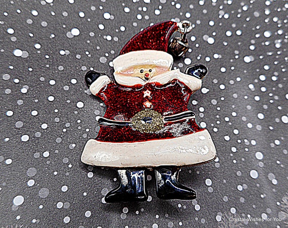 Vintage Super Cute Santa Brooch Pin - Hand Painted, Jingle Bell Accent, Silver Tone Designer Signed TC 1980's